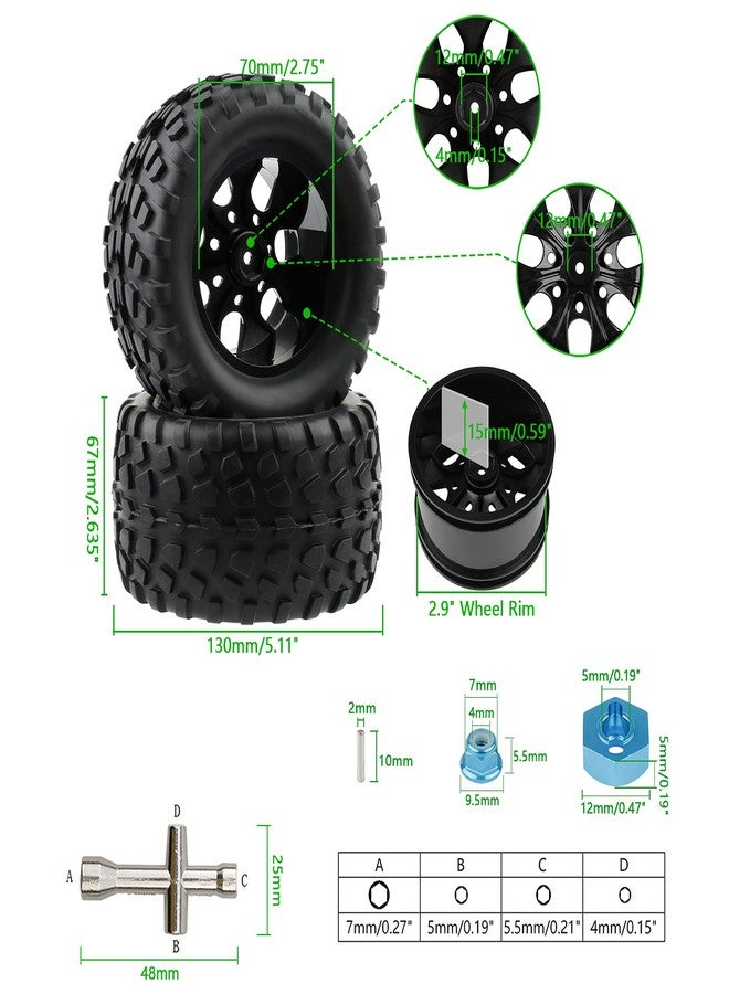 Rchobbytop 4pcs 12mm Hex RC Wheels and Tires Rubber Tires Set for 1/10 Off Road Monster Truck Volcano Epx/Pro Volcano S30 Stampede HSP 94108 94111 94188 94701 with Drive Hub Adapters Lock Nuts and Wrench, Black - Image 3